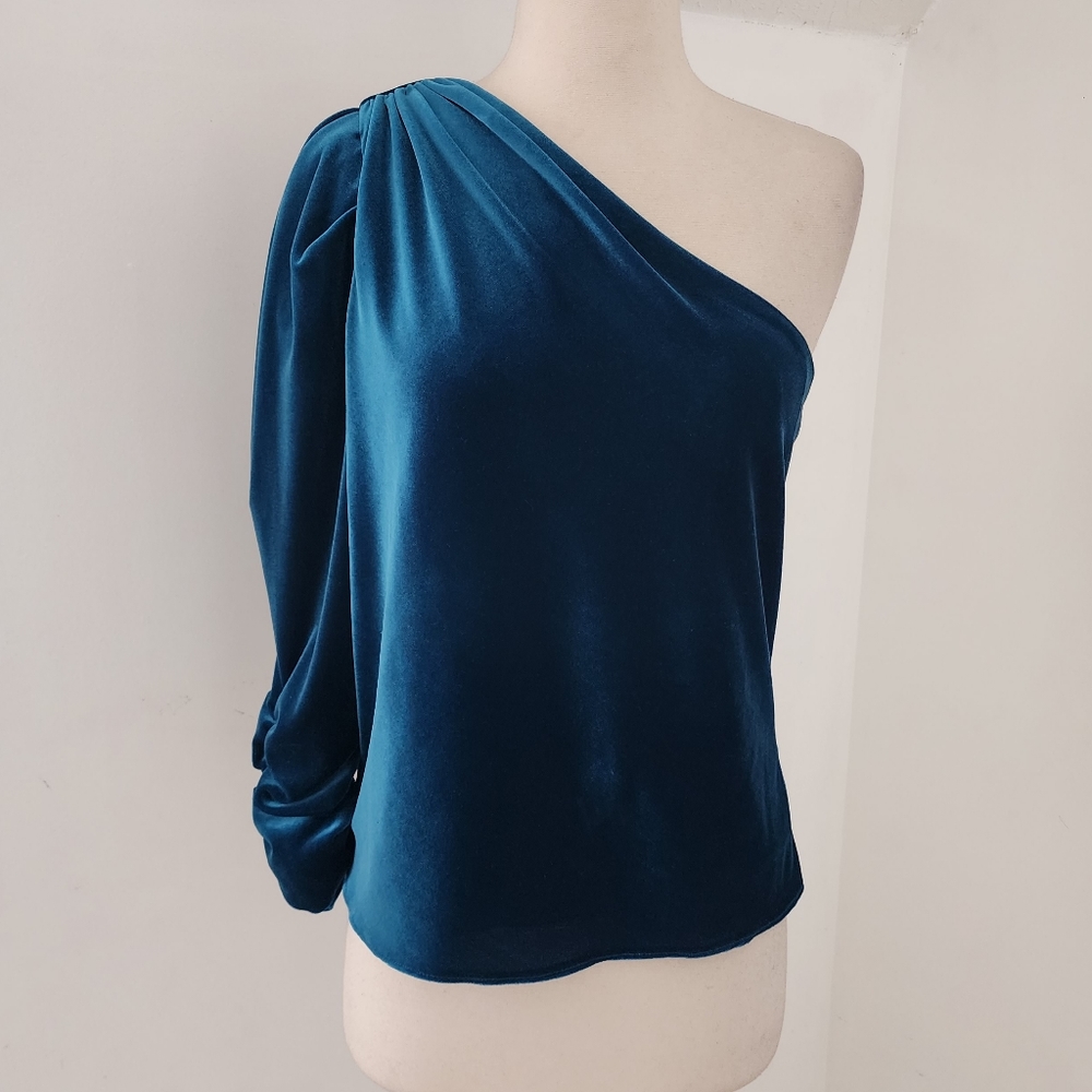ML Monique Lhuillier One Shoulder Velvet Top Ruched Sleeve Blue Size S - Picture 5 of 15